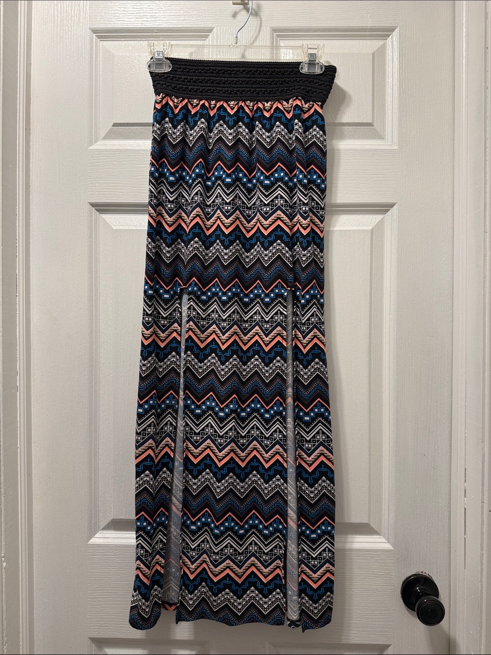 No Boundaries Chevron Smocked Maxi Skirt - Black, Pink & Blue